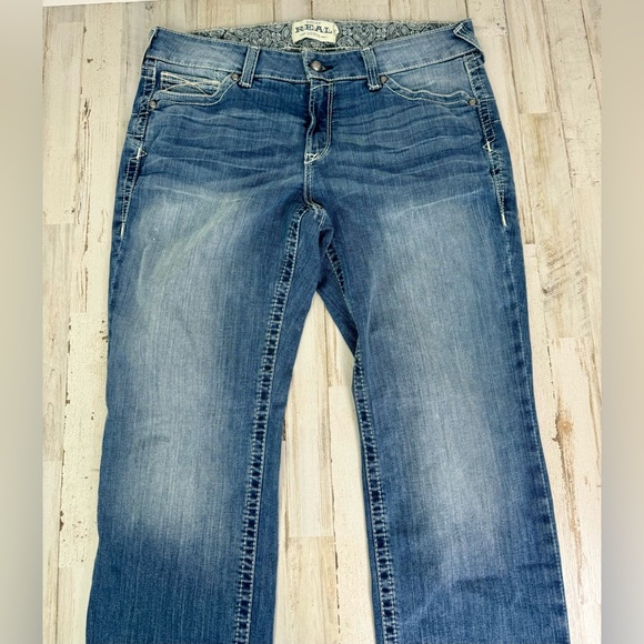 Ariat Real Jeans Womens 33R Blue Medium Wash Mid Rise Embroidered Denim - Picture 3 of 12